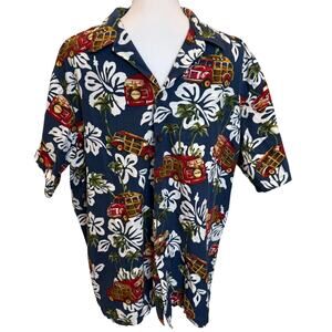 Vintage RJC Hawaiian Shirt Men's XL Navy Multi Floral Bus Vehicles Made in USA
